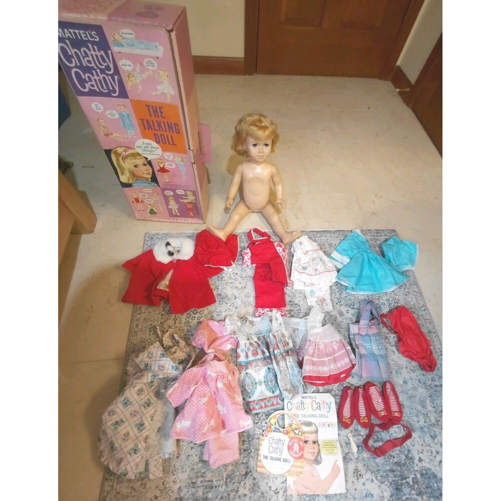 Vintage 1960 Mattel Chatty Cathy doll 20" blonde hair with large clothing lot